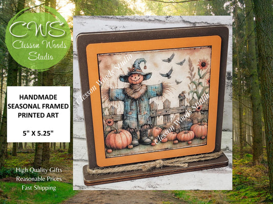 Fall Scarecrow With Blue Coat Framed Art Wood Sign
