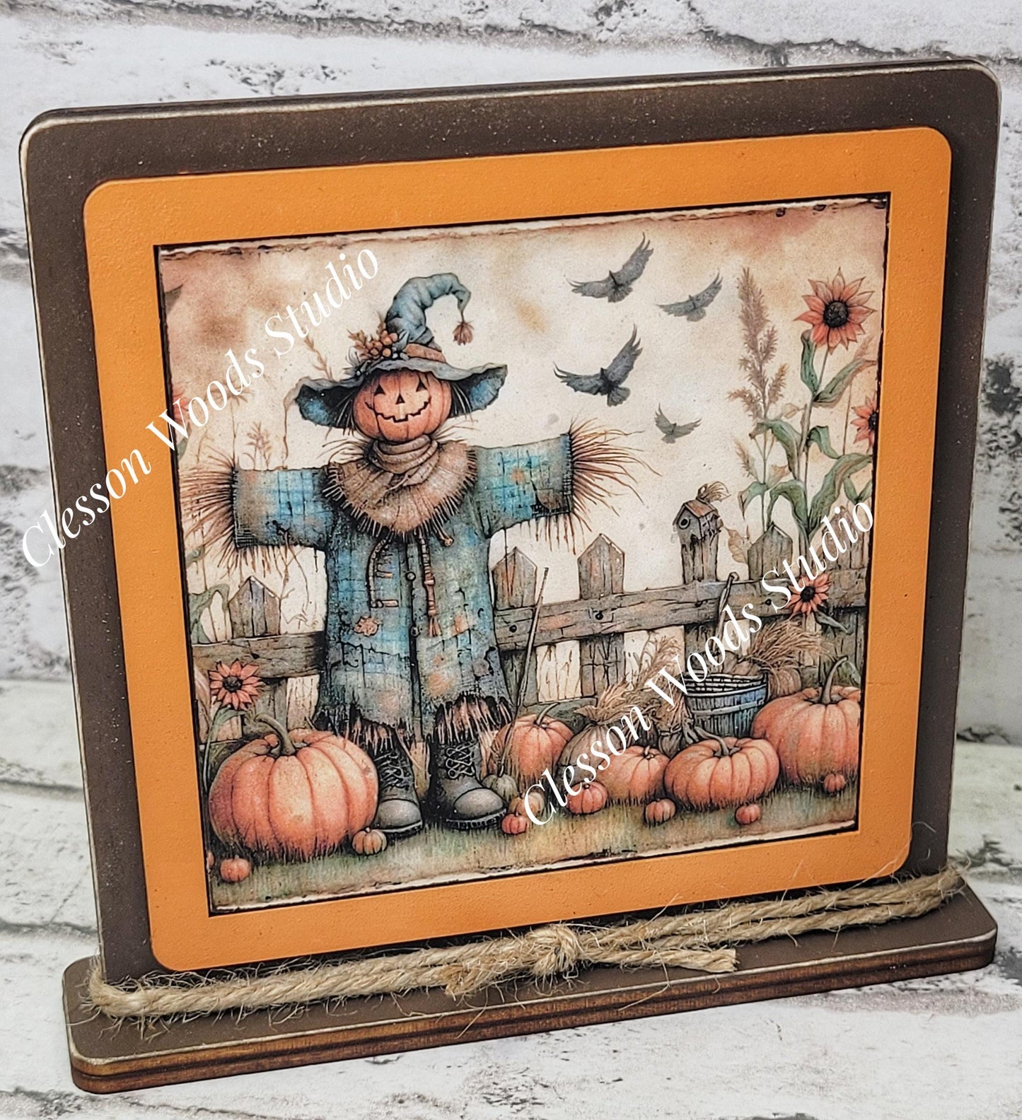 Fall Scarecrow With Blue Coat Framed Art Wood Sign