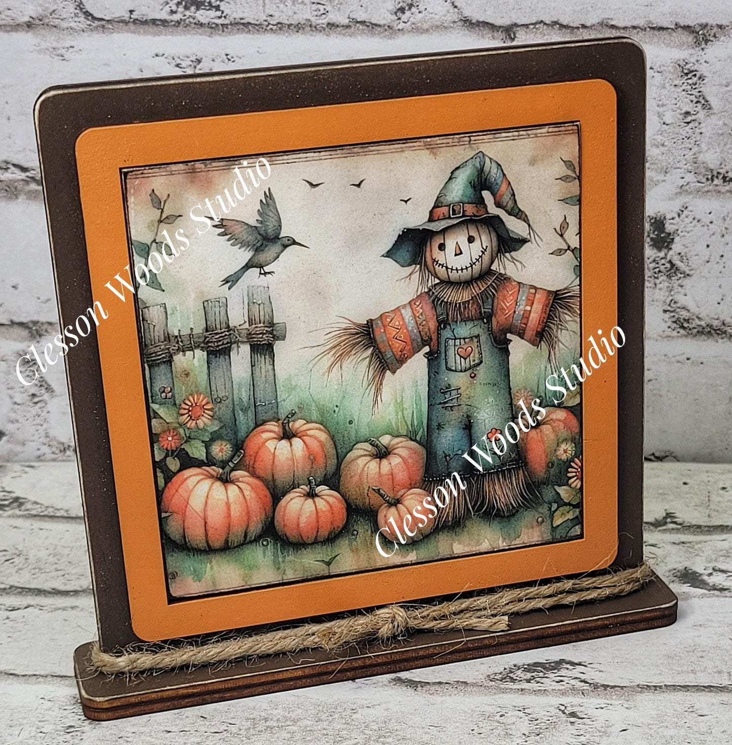 Fall Scarecrow With Overalls Framed Art Wood Sign