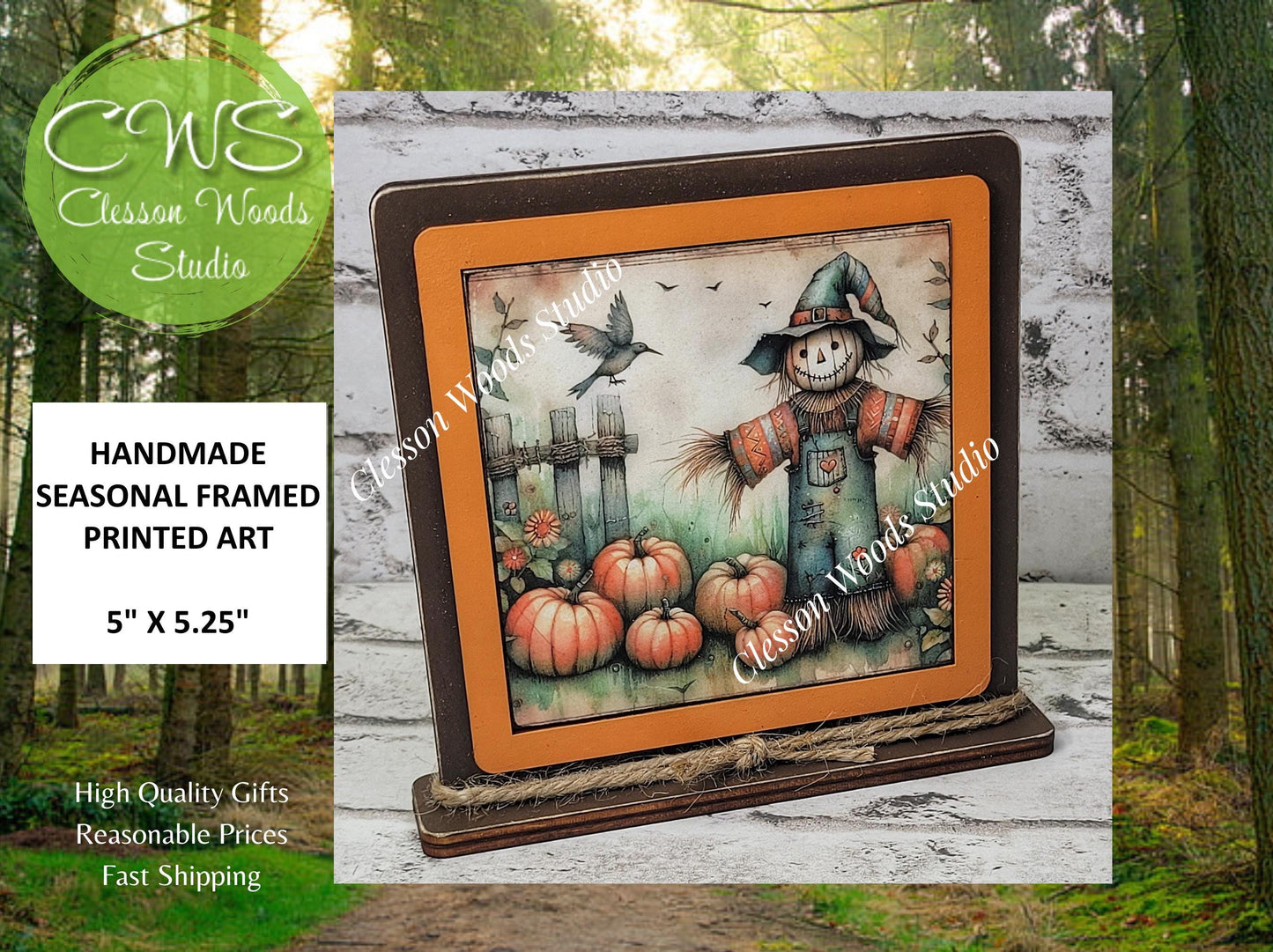 Fall Scarecrow With Overalls Framed Art Wood Sign