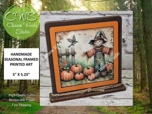 Fall Scarecrow With Overalls Framed Art Wood Sign