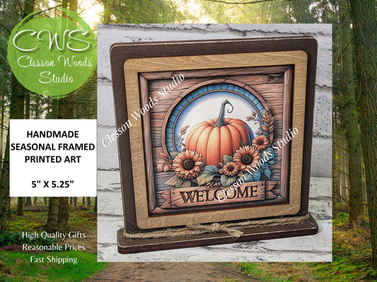 Fall Pumpkin Sunflowers Welcome Framed Art Wood Sign