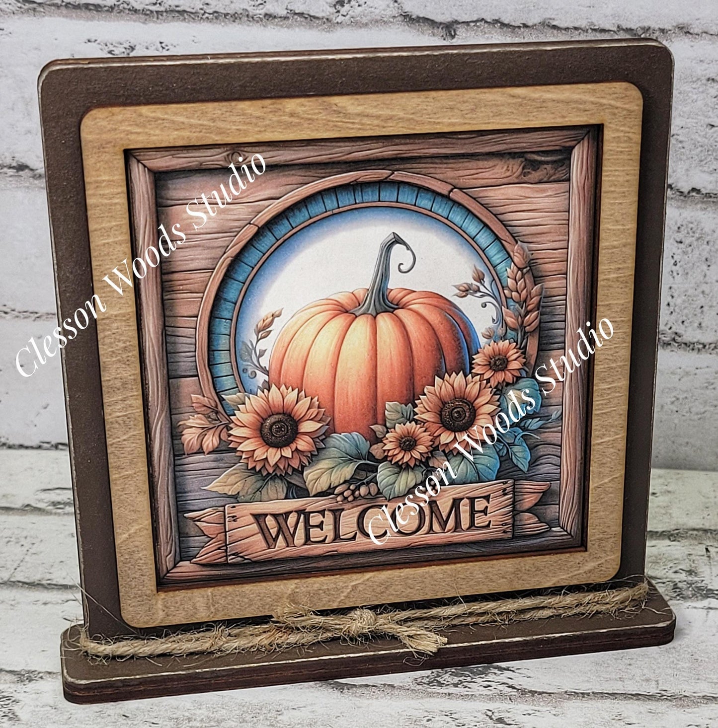Fall Pumpkin Sunflowers Welcome Framed Art Wood Sign