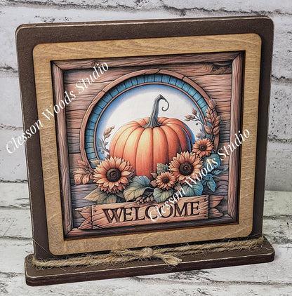 Fall Pumpkin Sunflowers Welcome Framed Art Wood Sign