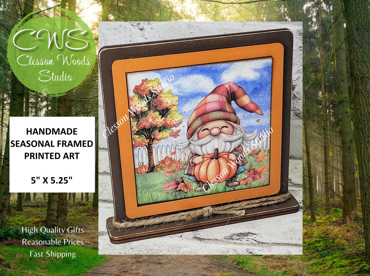 Fall Gnome With Pumpkin Framed Art Wood Sign