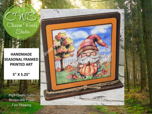 Fall Gnome With Pumpkin Framed Art Wood Sign