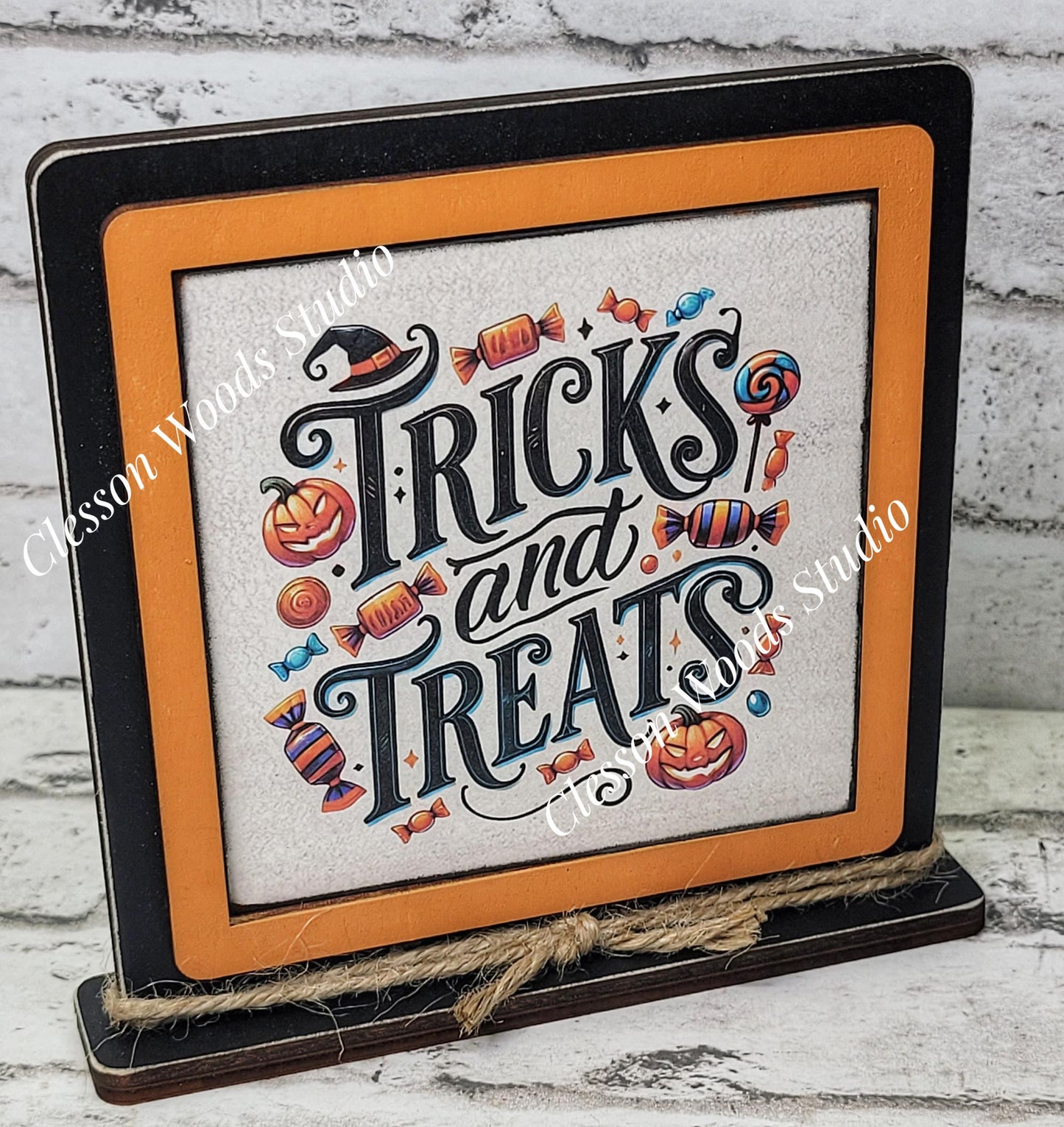 Halloween Tricks and Treats Primitive Framed Wood Sign