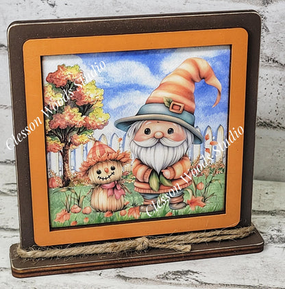 Fall Gnome With Scarecrow Framed Art Wood Sign