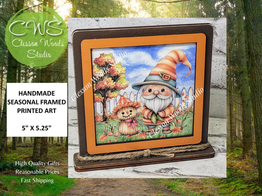 Fall Gnome With Scarecrow Framed Art Wood Sign