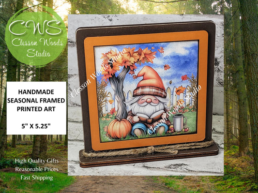 Fall Gnome With Book Framed Art Wood Sign
