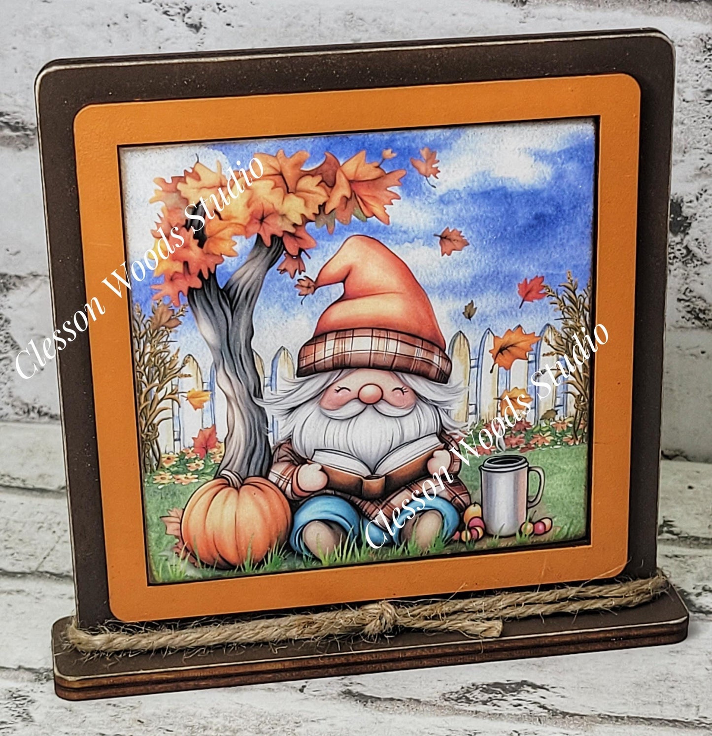 Fall Gnome With Book Framed Art Wood Sign