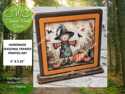 Fall Scarecrow Girl Framed Art Wood Sign