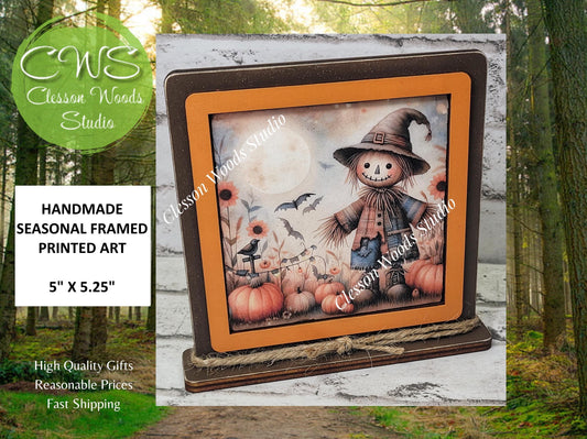 Fall Scarecrow With Patchwork Coat Framed Art Wood Sign