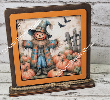 Fall Scarecrow With Blue Plaid Coat Framed Art Wood Sign