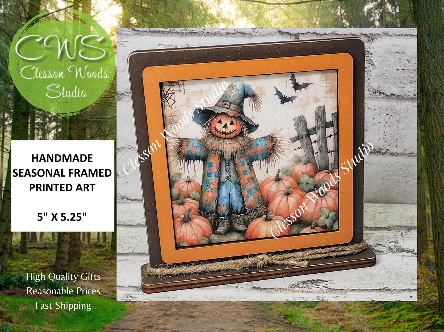 Fall Scarecrow With Blue Plaid Coat Framed Art Wood Sign