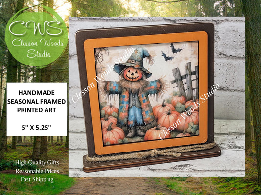 Fall Scarecrow With Blue Plaid Coat Framed Art Wood Sign