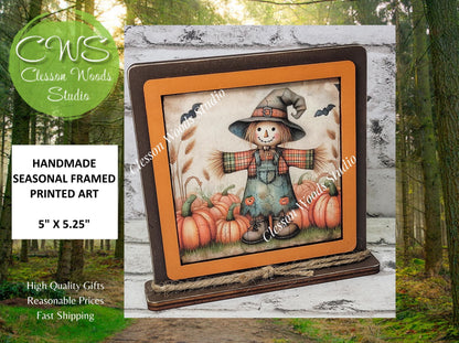 Fall Scarecrow With Plaid Shirt Framed Art Wood Sign
