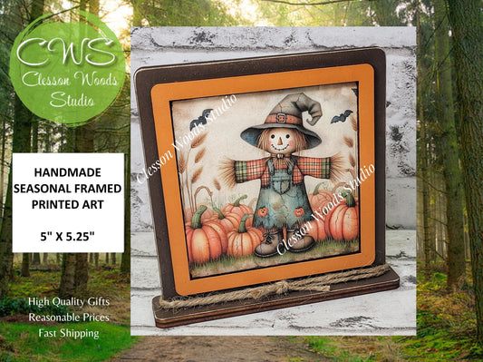 Fall Scarecrow With Plaid Shirt Framed Art Wood Sign