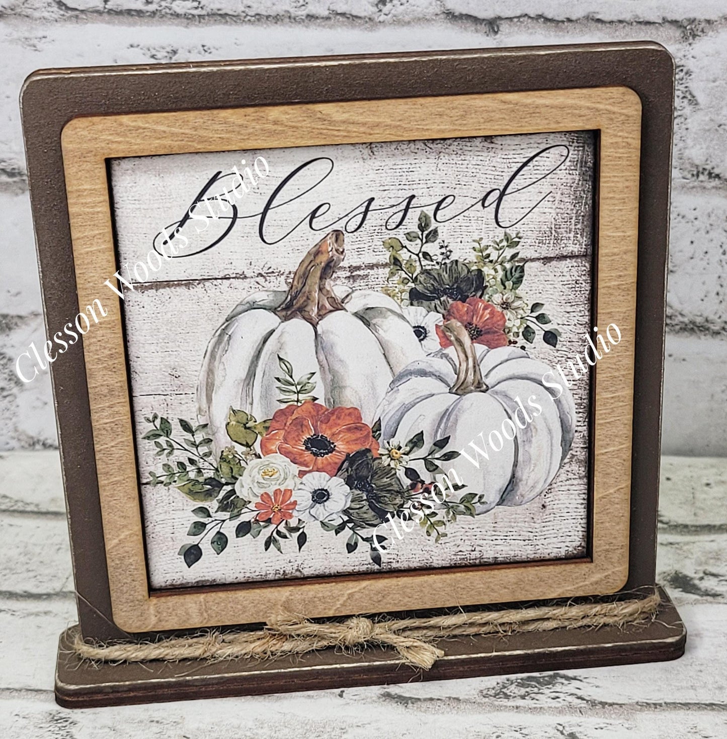 Blessed White Pumpkin Fall  Framed Art Wood Sign