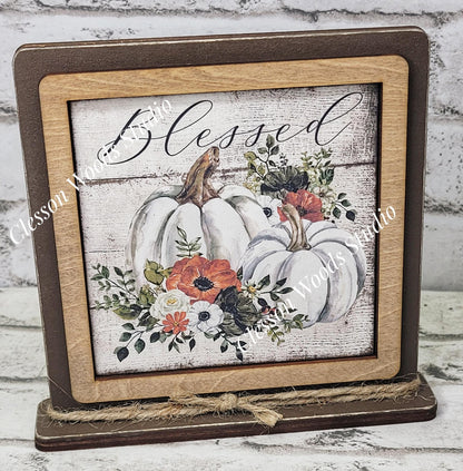 Blessed White Pumpkin Fall  Framed Art Wood Sign
