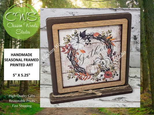 Gather White Pumpkin Fall  Framed Art Wood Sign