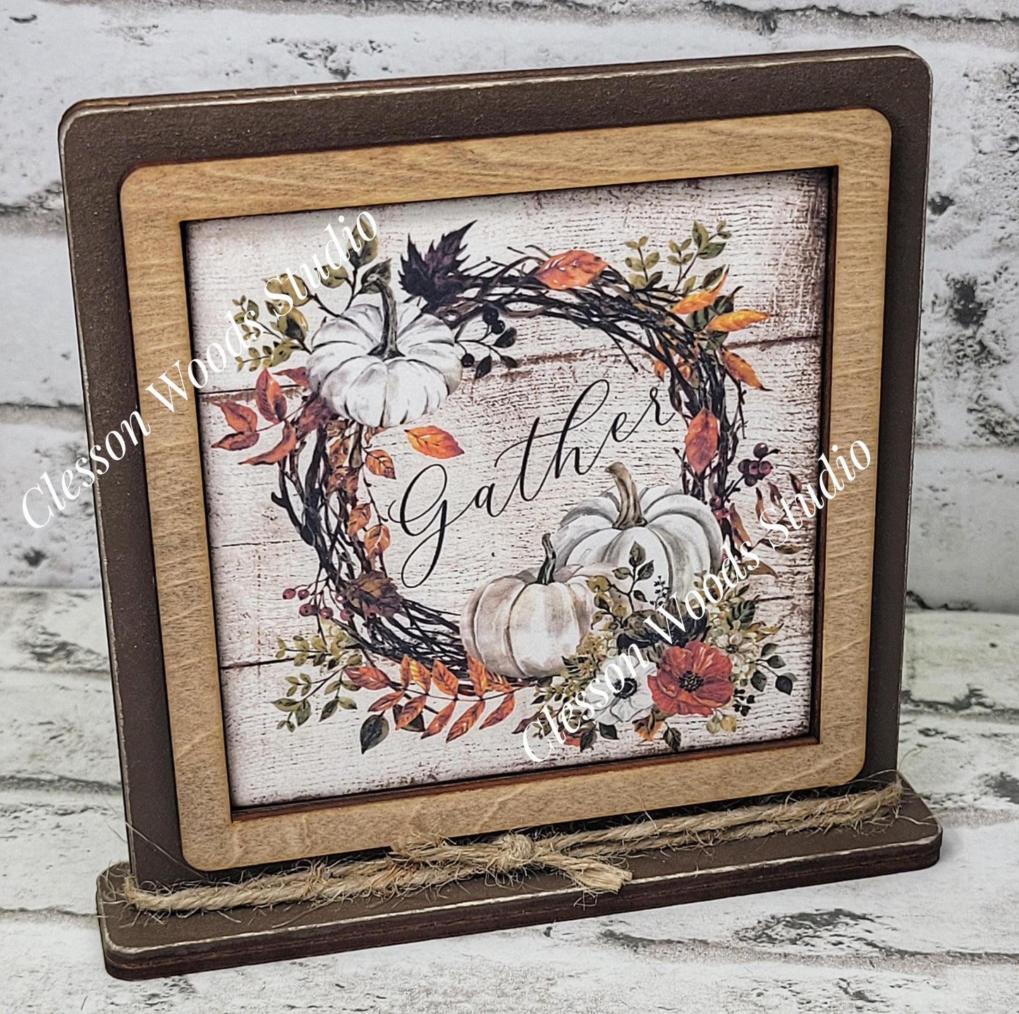 Gather White Pumpkin Fall  Framed Art Wood Sign