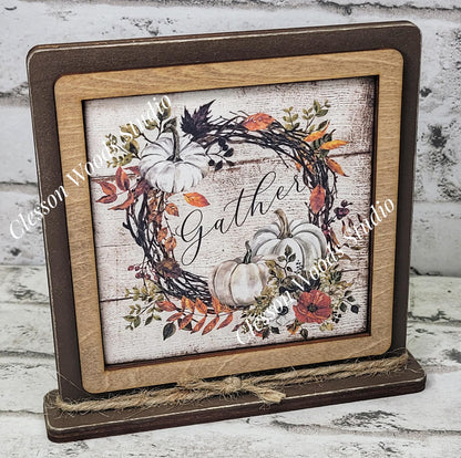 Gather White Pumpkin Fall  Framed Art Wood Sign