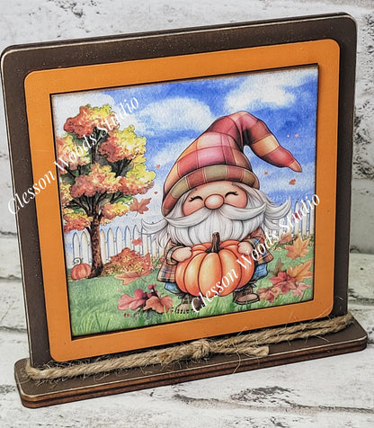 Fall Gnome With Pumpkin Framed Art Wood Sign