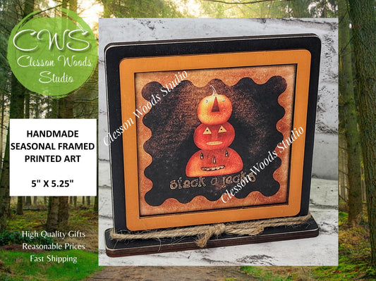 Halloween Stack of Jacks Pumpkins Primitive Framed Wood Sign