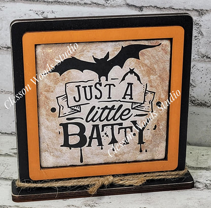 Halloween Just A Little Batty Primitive Framed Wood Sign