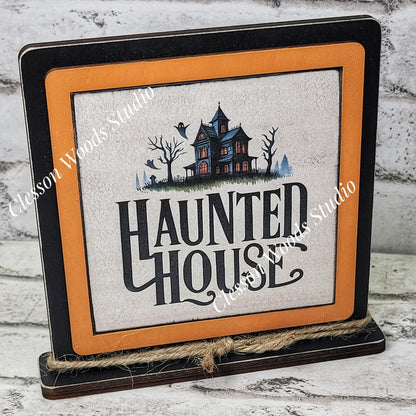 Halloween Haunted House Primitive Framed Wood Sign
