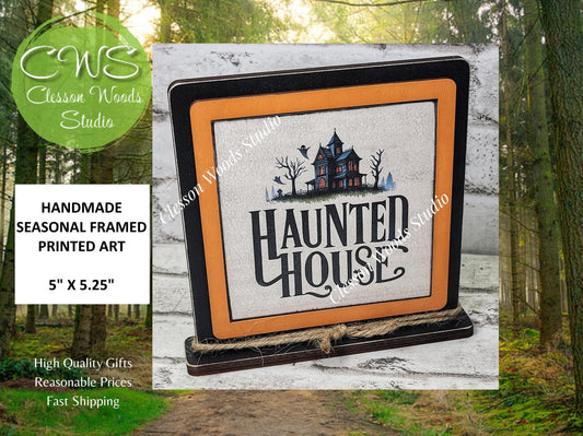 Halloween Haunted House Primitive Framed Wood Sign