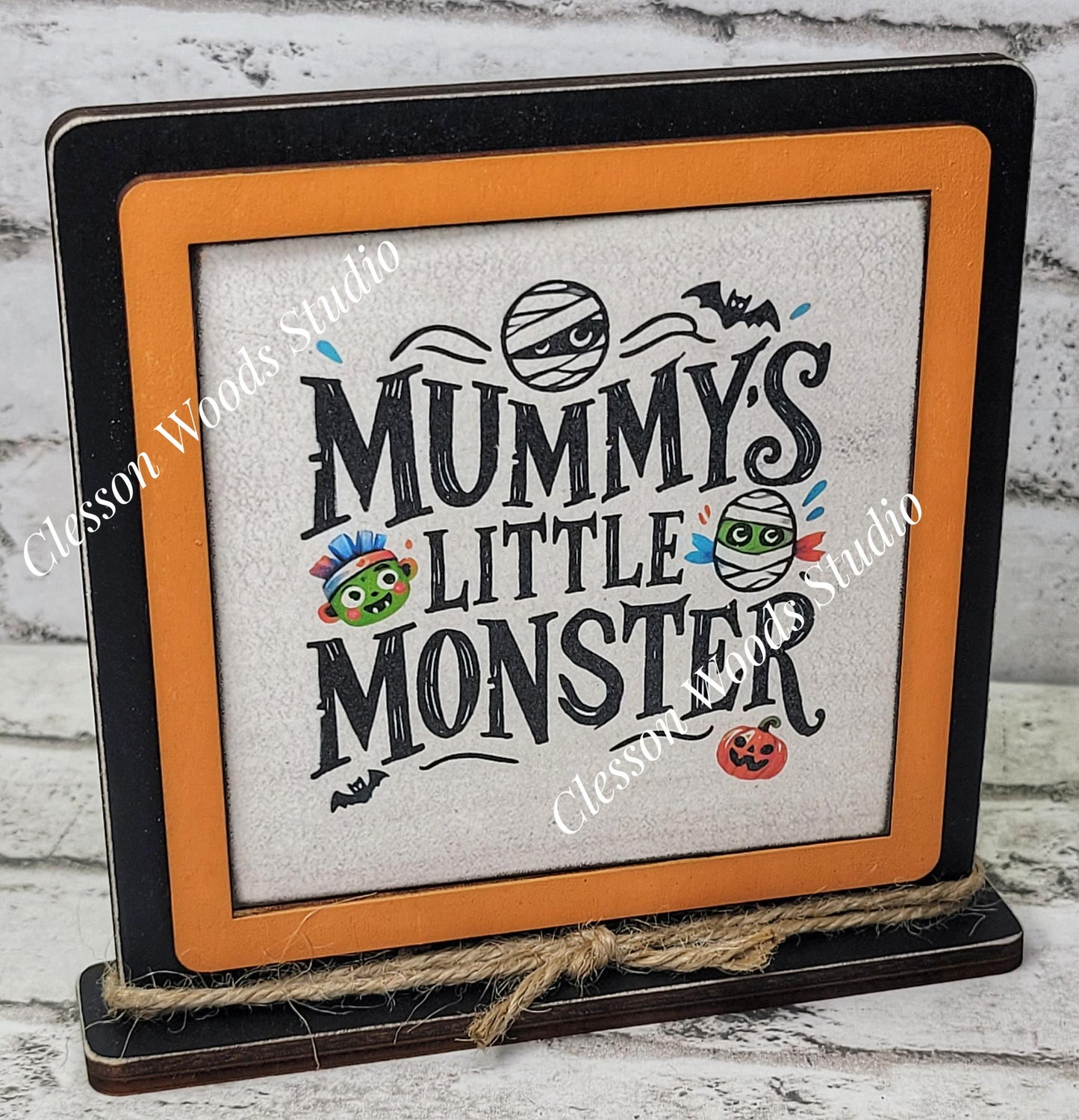 Halloween Mummy's Little Monster Primitive Framed Wood Sign