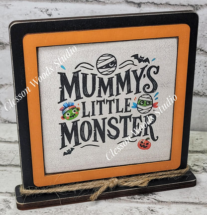 Halloween Mummy's Little Monster Primitive Framed Wood Sign