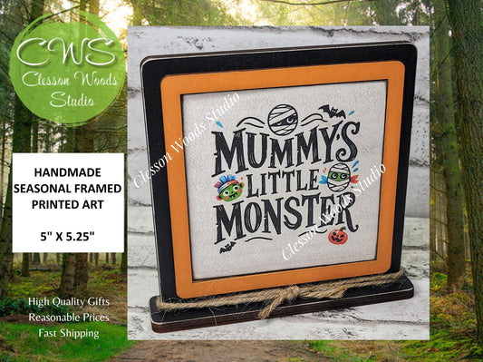 Halloween Mummy's Little Monster Primitive Framed Wood Sign