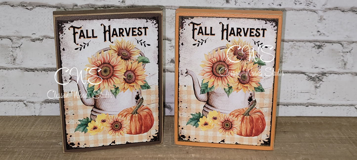 Fall Harvest Pumpkins Sunflowers Metal Kettle Wood Sign