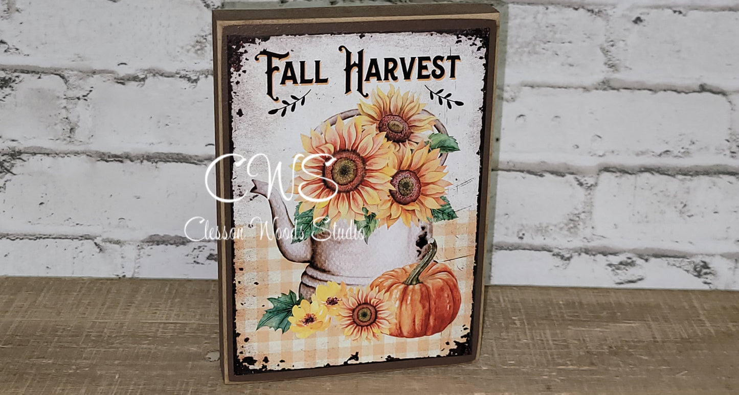 Fall Harvest Pumpkins Sunflowers Metal Kettle Wood Sign