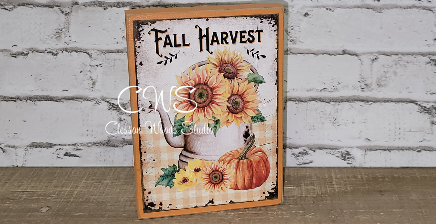Fall Harvest Pumpkins Sunflowers Metal Kettle Wood Sign