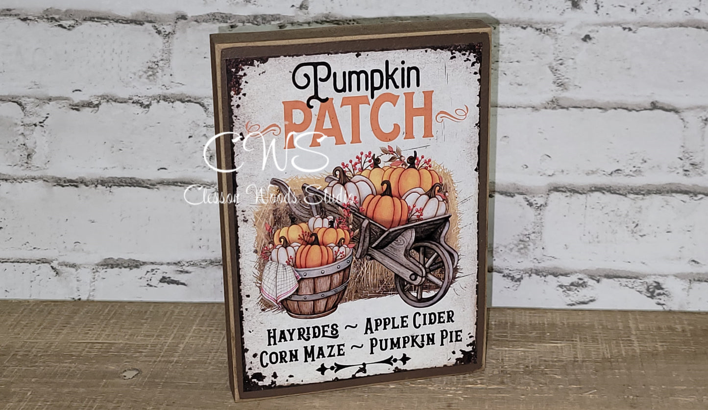 Pumpkin Patch Wheelbarrow & Basket Wood Sign
