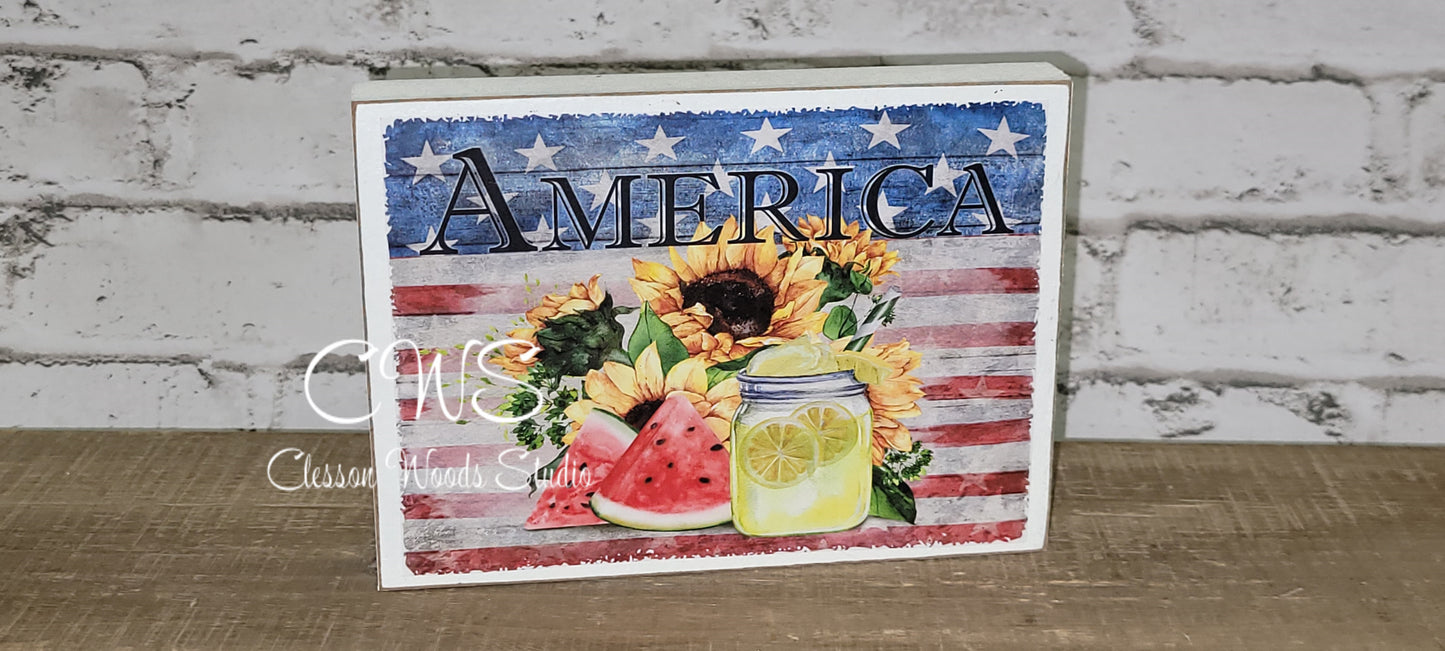 America Watermelon Lemonade Sunflower wood sign