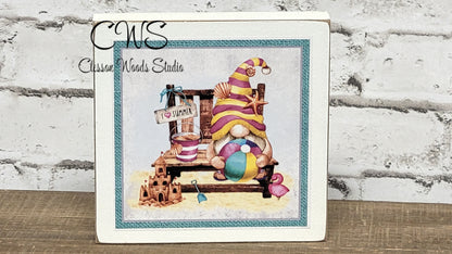 Summer Beach Gnome Square Wood Sign (Blue Border)