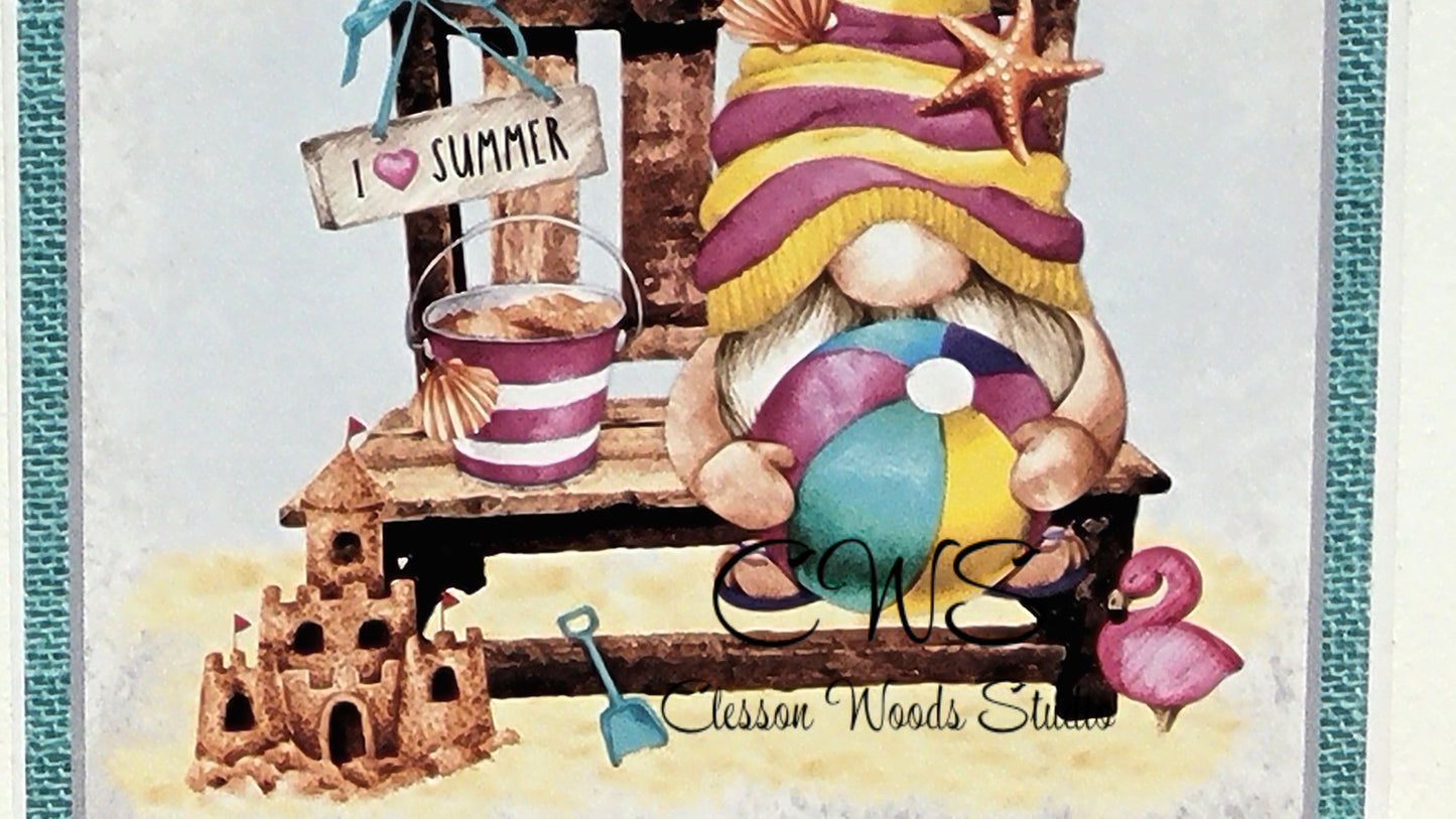 Summer Beach Gnome Square Wood Sign (Blue Border)