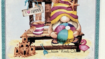 Summer Beach Gnome Square Wood Sign (Blue Border)