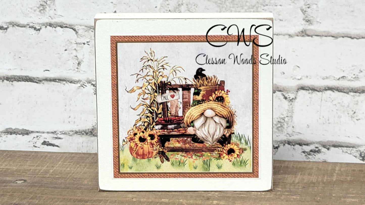 Fall Pumpkins Sunflowers Gnome Square Wood Sign
