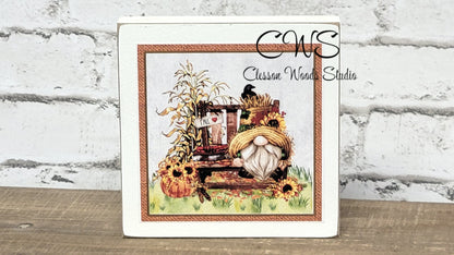 Fall Pumpkins Sunflowers Gnome Square Wood Sign