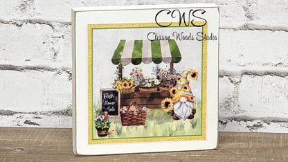 Gnome Sunflower Market Square Wood Sign (Yellow Border)