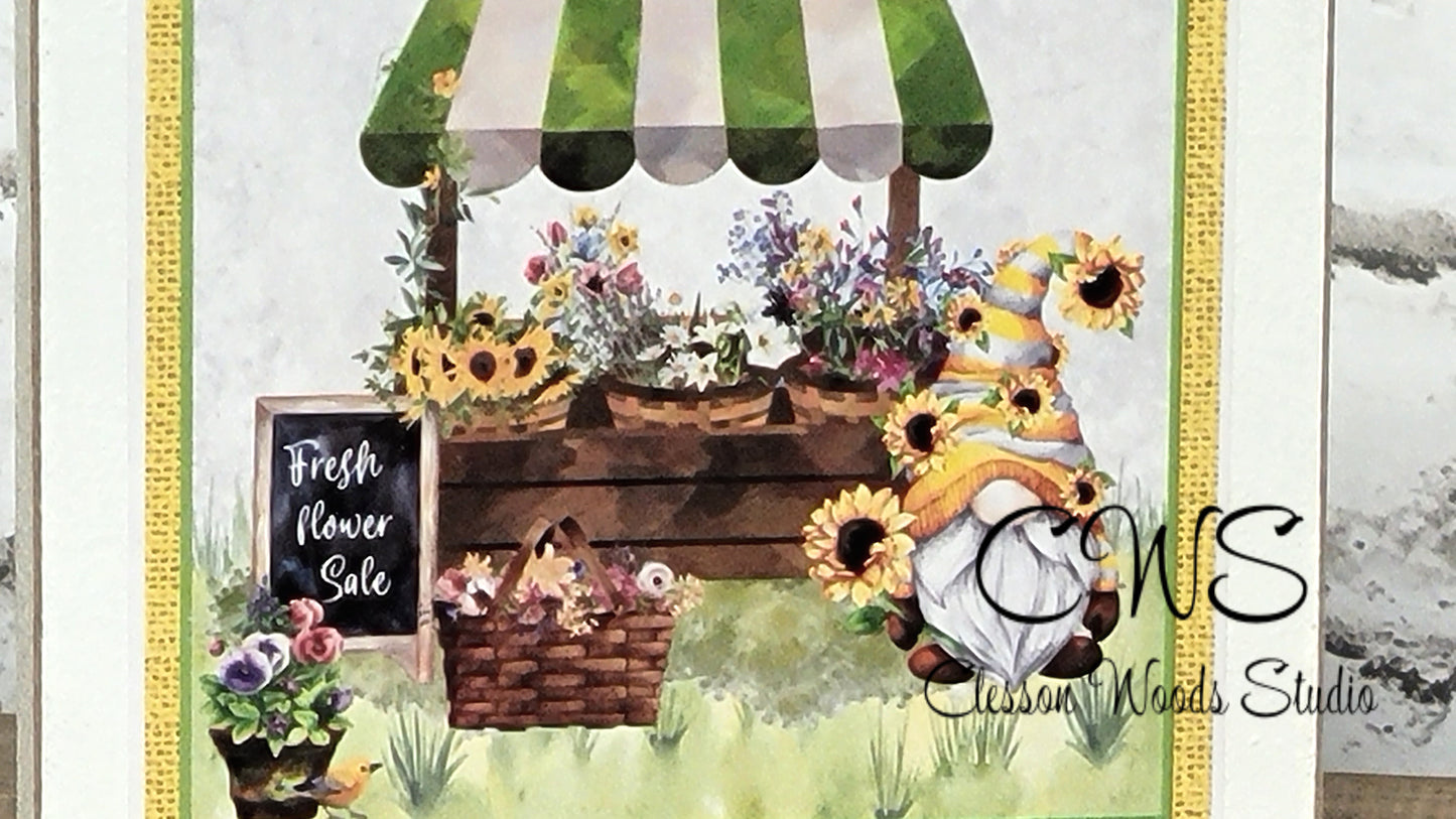 Gnome Sunflower Market Square Wood Sign (Yellow Border)