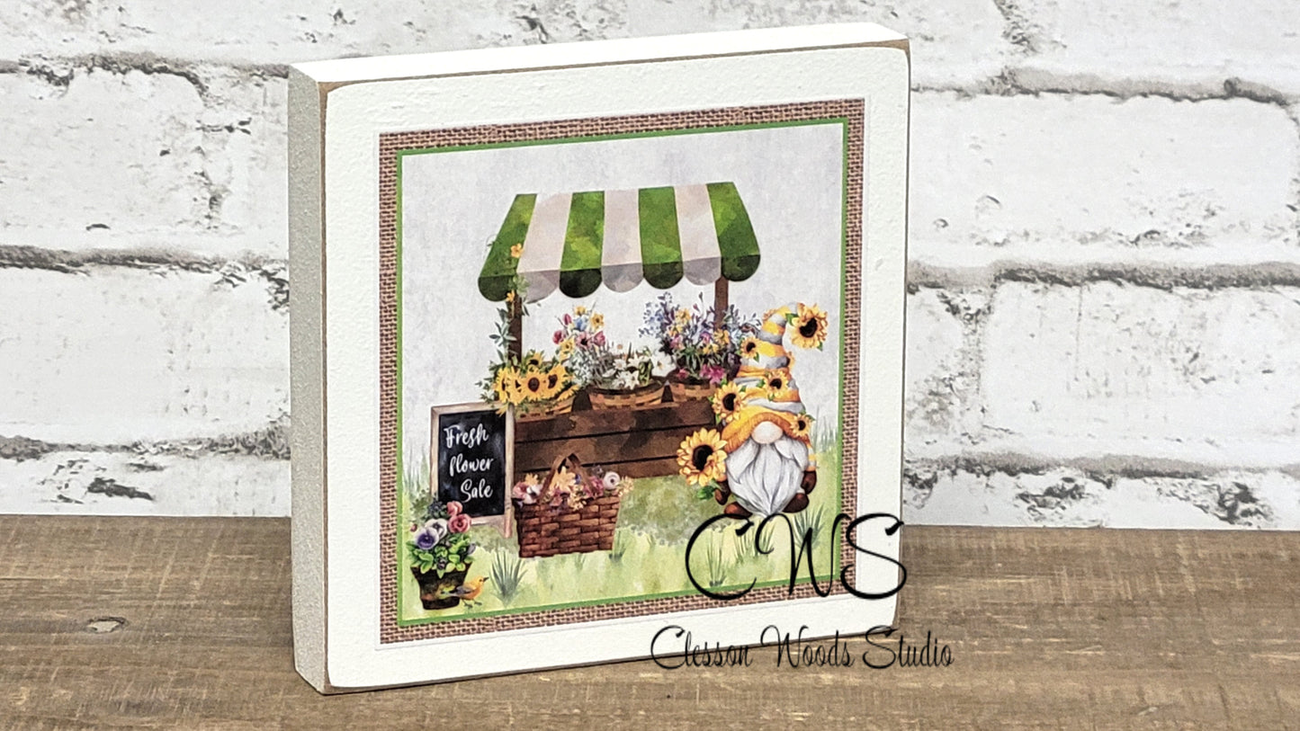 Gnome Sunflower Market Square Wood Sign (Tan Border)