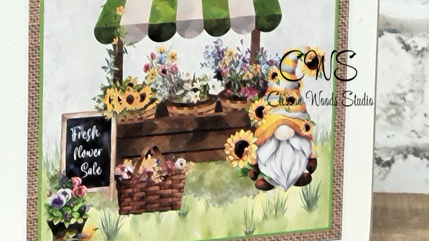 Gnome Sunflower Market Square Wood Sign (Tan Border)
