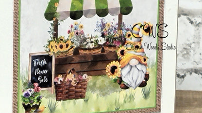 Gnome Sunflower Market Square Wood Sign (Tan Border)